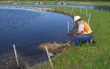 A man kneeling down next to a body of water.