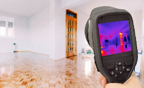 A person is looking at the camera with an infrared thermal imaging device.